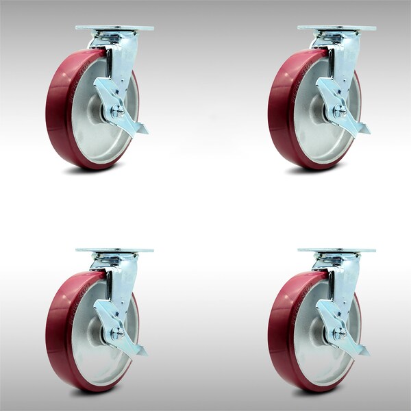 8 Inch SS Poly on Aluminum Caster Set with Ball Bearings and Brake/Swivel Lock